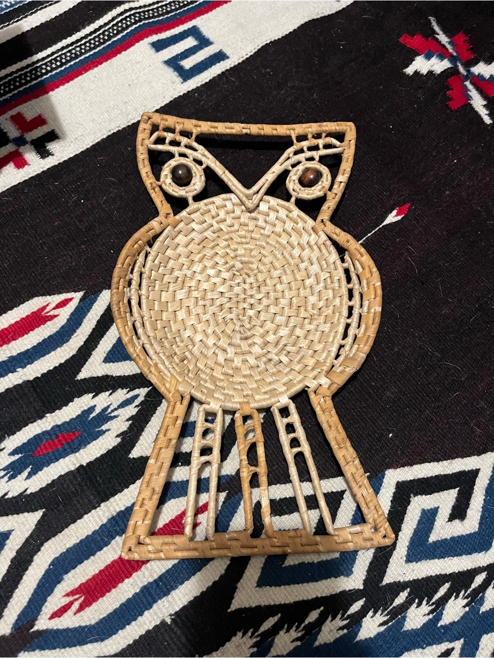 Basket OWL Wall Hanging Vintage 70s Wooden Bead Eyes